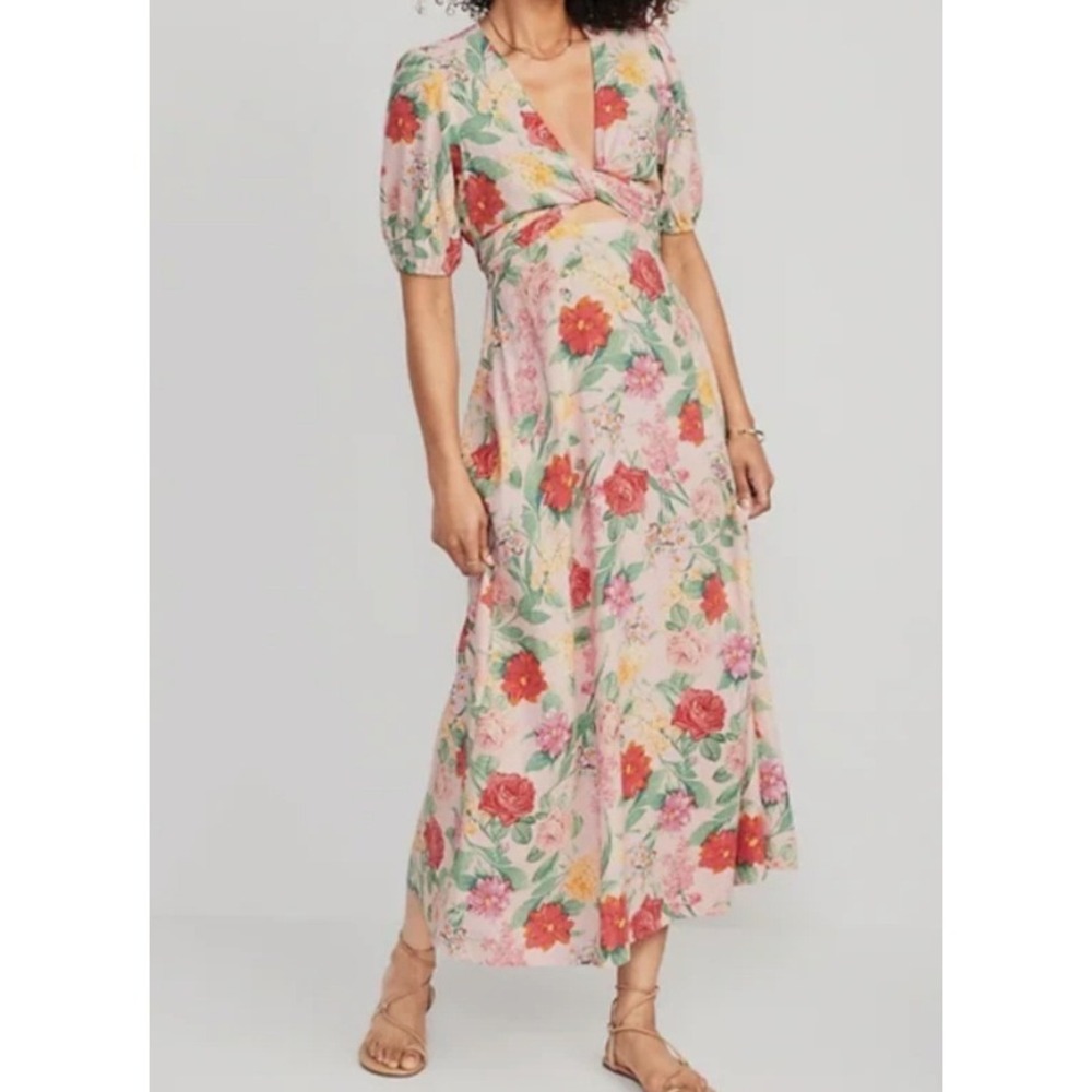 Old Navy Floral Linen Blend Twist Front Cutout Midi Dress Med Romantic Feminine